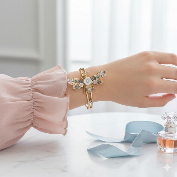 Betsey Johnson Jewelry - Betsey Johnson Gold Tone Crystal Bee Flower Hinged Bangle Bracelet